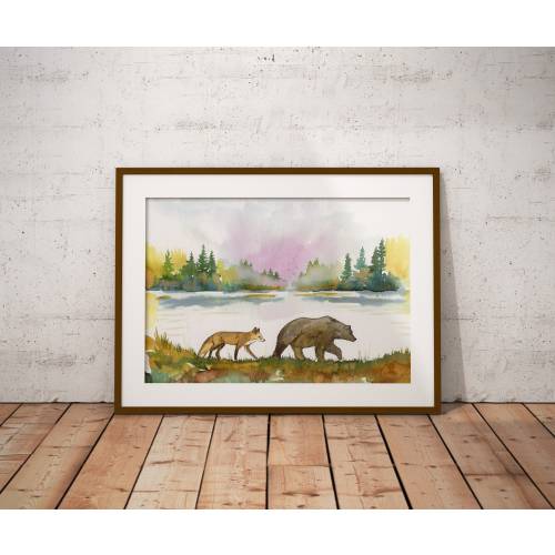 bear and fox watercolor, woodland print, red fox print, brown bear print, watercolor art print, nursery print, bear and fox wall art,