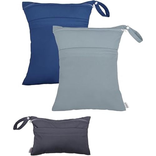 ALVABABY 3 Cloth Diaper Wet Dry Bags Waterproof Reusable with Two Zippered Pockets Travel Beach Pool Daycare Soiled Baby Items Yoga Gym Bag for Swimsuits or Wet Clothes Small medium Large 3L-SML01