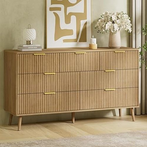 LYNSOM 55" W Fluted Dresser for Bedroom with 7 Drawer, Modern Chest of Drawers with Metal Handle and Curved Profile Design, Wood Dresser TV Stand & Storage Organizer for Living Room, Natural Oak