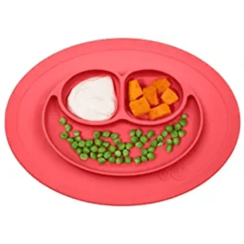 ezpz Mini Mat for 12 Months+ (Coral) - 100% Silicone Baby Plates with Suction and Built-in Placemat for Infants + Toddlers - Baby Led Weaning - For Highchair, Dining Table and Travel