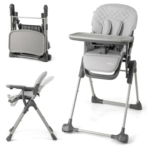 INFANS Baby High Chair, Convertible Quick Folding Portable Highchair for Babies and Toddlers with Adjustable Height Backrest Footrest 2 Wheels Removable Tray, Easy to Clean PU Seat (Grey)