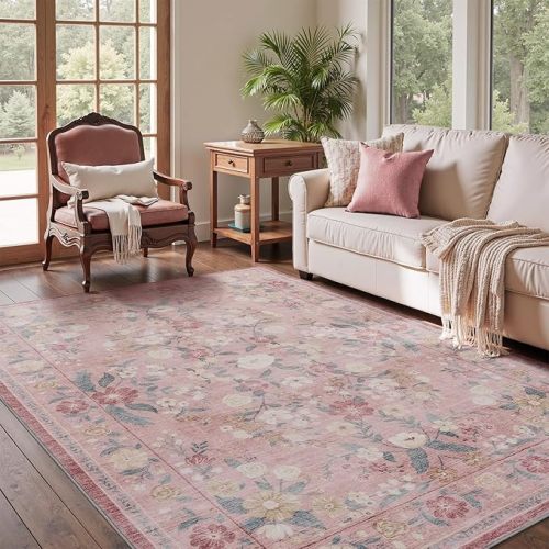 AMOAMI Vintage Floral 5x7 Area Rugs for Living Room Rug, Machine Washable Rug Non Slip Large Area Rug for Bedroom Indoor Low Pile Carpet Ultra Soft Boho Rugs for Dining Room Playroom Office, Pink