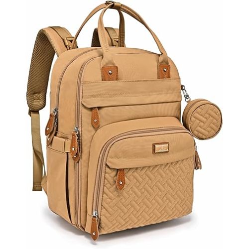 BabbleRoo Diaper Bag Backpack - Baby Essentials Travel Tote - Multi function Waterproof Diaper Bag, Travel Essentials Baby Bag with Changing Pad, Stroller Straps & Pacifier Case - Unisex, Beige