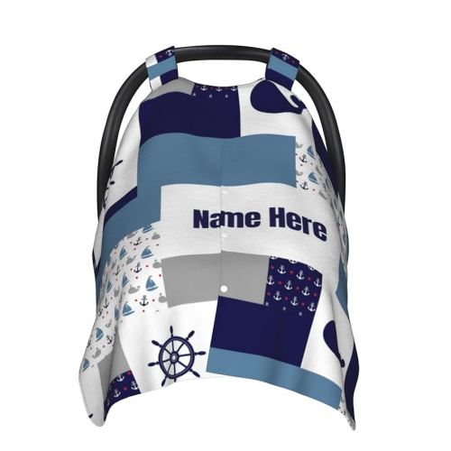 Personalized Anchor Baby Car Seat Canopy for Babies with Name, Custom Sailboat Car Seat Covers for Boys Girls, Peekaboo Opening Minky Nursing Cover Infant Car Seat Canopies for Newborn