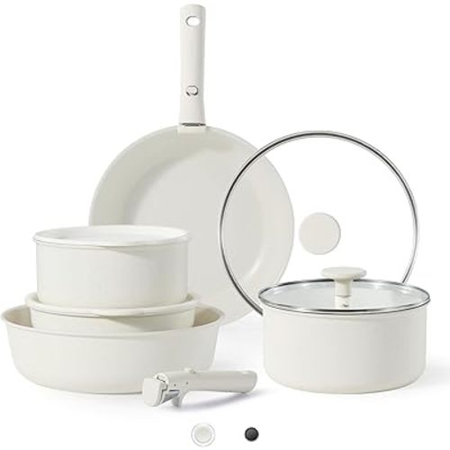CAROTE Pots and Pans Set Non Stick, Cookware Sets, 11pcs Kitchen Set, Oven/Fridge Safe, Space Saving Pots Set, Nonstick Cooking Set with Versatile Detachable Handle, Induction RV Set, Cream White