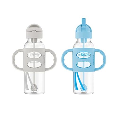 Dr. Brown's Milestones Narrow Sippy Straw Bottle with 100% Silicone Handles, 8oz/250mL, Gray & Blue, 2 Pack, 6m+ - 2 Pack, Gray & Blue