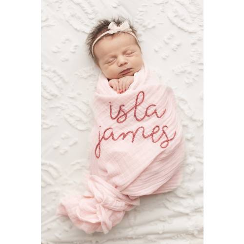Personalized Hand Embroidered Baby Swaddle Blanket - Cotton Muslin