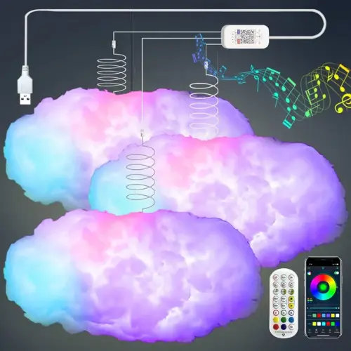 3PCS 3D Big Cloud Lightning Light Kit Music Sync Multicolor Lightning Changing Strip Lights 360 Degree Wireless Remote APP NO DIY Coolest Decorations for Adults and Kids Indoor Home Bedroom