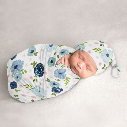 Sweet Jojo Designs Girl Baby Cocoon And Beanie Hat Swaddle Wrap Watercolor Floral Blue And Pink 2pc