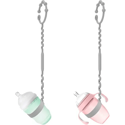 Keep Bottles and Sippy Cups Off the Floor with Sippy Cup Strap - Food Grade Silicone Bottle Bungee for High Chair, Stroller & More - Great for Babies and Toddlers - Grey, 2Pack