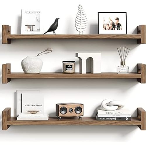 Upgraded Floating Shelves for Wall, Set of 3 Solid Wood Wall Mounted Shelves, 23.6" Rustic Walnut Display Shelf for Bedroom, Living Room, Bathroom, and Kitchen Decor - Heavy-Duty & Natural Pine