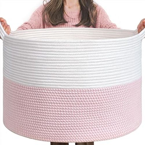 INDRESSME XXXLarge Storage Basket with Handle, Pink Laundry Basket for Nursery, Stuffed Animal, Baby Basket Kids Toy Storage Organizer, 21.7" x 21.7" x 13.8", Pink