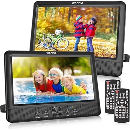 WONNIE 10.5" Two Car DVD Players Portable Dual Screen Headrest Video Player, Play a Same or Two Different Movies with 5-Hour Rechargeable Battery,2 AC Adapters,2 Mounting Brackets,Support USB/SD Card
