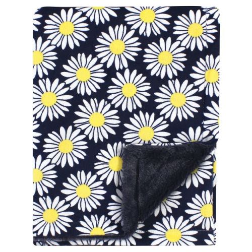 Hudson Baby Infant Girl Plush Blanket with Furry Binding and Back, Navy Daisy, One Size
