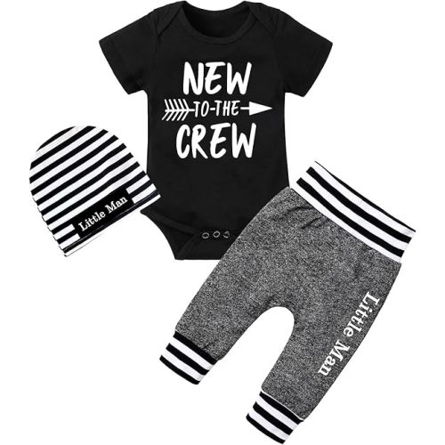 Fommy Newborn Baby Boy Clothes New to The Crew Letter Print Romper+ Pants+Hat 3PCS Outfit