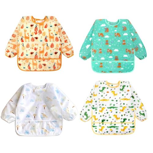 Accmor 4 Pack Long Sleeve Baby Bibs, Waterproof Sleeved Bib Smock for Baby Toddler 6-36 Months