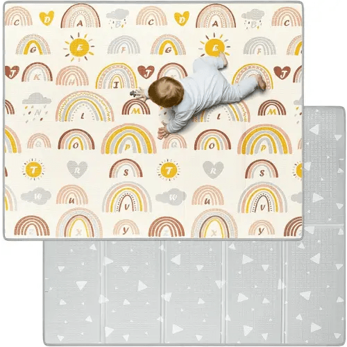 Blissful Diary Baby Play Mat, Large 78 x 70 Baby Mat for Floor, Soft Foam Play Mat, Foldable Playmat for Babies Toddlers Infants, Reversible Baby Crawling Mat for Indoor & Outdoor (Rainbow Pattern)