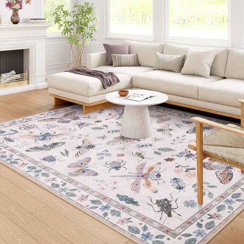 Lahome Insect Print Washable Rugs 8x10, Soft 8x10 Rugs for Living Room Dining Room Ultra-Thin, Non-Slip Modern Bedroom Rug Large Carpet Non-Shedding Accent Rug for Office Classroom(8x10ft,Pink)