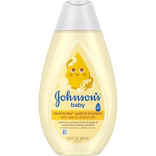 Johnson's Baby Head-To-Toe Baby Wash & Shampoo + Aloe & Vitamin B5, 2-in-1 Bath Wash Gently Cleanses Newborn's Delicate Skin & Hair, Hypoallergenic, No Added Parabens, Dyes & Sulfates, 13.6 fl. Oz