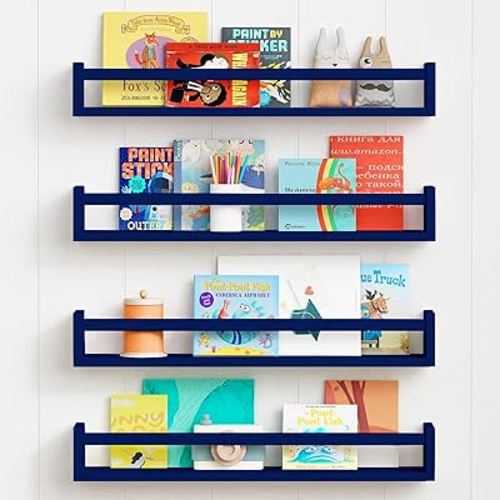 Forbena Wall Book Shelf Organizer for Kids Room Set of 4, Large Floating Bookshelves for Boy Nursery Wall Deocr, 24 Inches Wall Mount Bookshelf for Toddler Child Teen Boys Bedroom (Navy Blue)