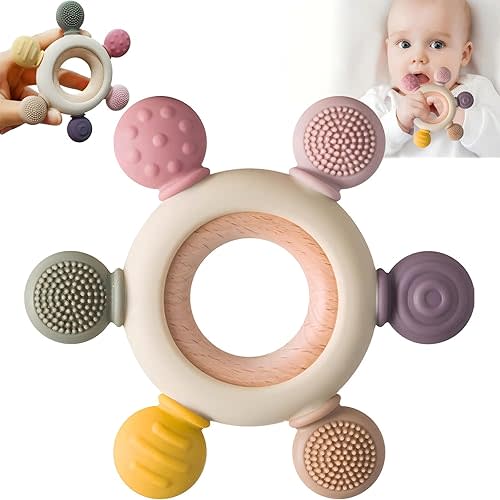 Baby Teething Toys, Silicone Rudder Toy with Wooden Rings for Soothing Teething Pain Relief, Grasping Ring Teething Toy, BPA Free Teething Newborn Accessories, for lnfants & Toddlers 6+ Months