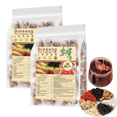 Te Renal Herbal,Ginseng Five Treasure Tea,Te Renal Herbal Para RiñOnes,Ginseng Kidney Tea Wubao Tea,Organic Kidney Cleanse Chinese Herbal Red Ginseng Tea For Men Women (2Bag(50pcs))