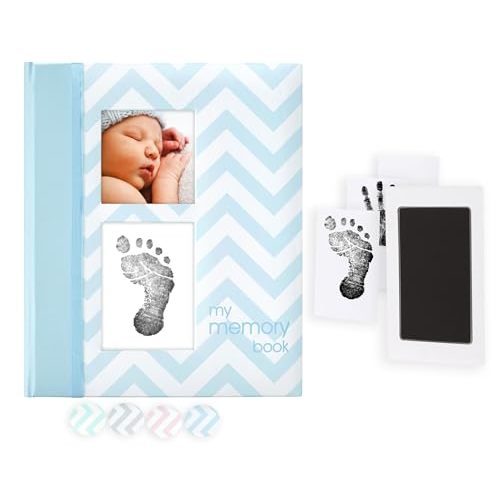 Pearhead Baby Memory Book, First 5 Years Baby Milestone Book, Pregnancy Journal, Gender Neutral Newborn Keepsake, With Clean-Touch Ink Pad For Baby's Handprint or Footprint, Blue Chevron