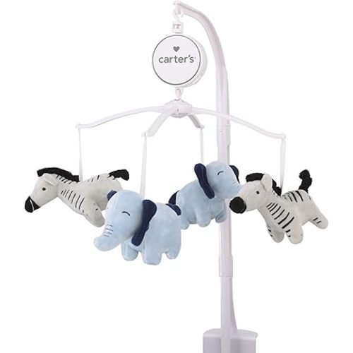Carter's Safari Party - Musical Mobile with 2 Plush Blue Elephants and 2 Plush Grey and Black Striped Zebras