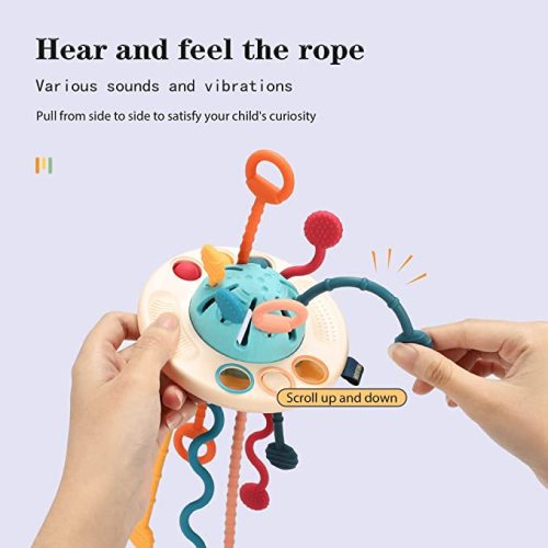 Baby Montessori Sensory Toys, UFO Silicone Pull String Interactive Toys, Teething Toddler Travel Toys, Exercise Baby's Finger Fine Motor, 18 Months Or More for Boys and Girls Gifts - Blue