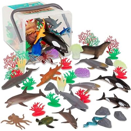 Terra by Battat – 60 Pcs Marine World – Realistic Ocean Animals Toys – Plastic Sea Animal Figurines & Accessories – Shark, Whale, Dolphin & More for Kids and Toddlers 3+