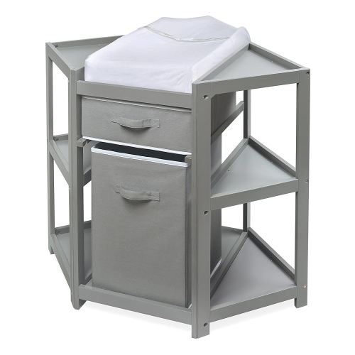 Badger Basket Corner Baby Changing Table - Space-Saving Diaper Changing Station for Nursery with Storage Bin, Changing Pad and Safety Belt - Organizer for Newborn and Infant Essentials - Gray