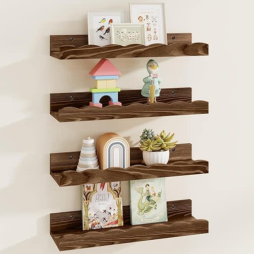 Fun Memories Picture Ledge Shelf for Wall, 16 inch Pine Wood Nursery Book Shelves Set of 4- Wall Book Shelves for Kids Room, Home Decor - Kitchen Spice-Carbonized