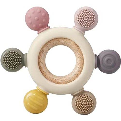 PandaEar Baby Teething Toys - Silicone Rudder Toy with Wooden Rings for Soothing Teething Pain Relief - Shower Gift for lnfants & Toddlers 3+ Months (Pink)