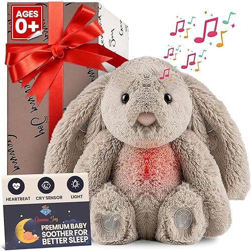 Gemma Joy Bedtime Baby Soothers for Sleep, Cry Activated Heartbeat Stuffed Animal for Baby, Newborn, Calming Light, Lullaby Music, White Noise, Shush and Mother’s Heartbeat - (Bunny, Rechargeable)