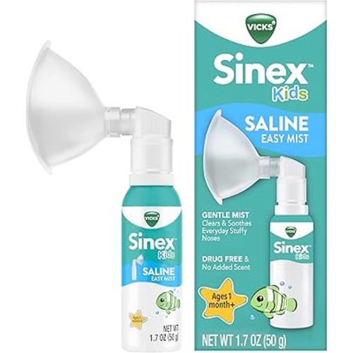 Vicks Sinex Kids Saline Easy Mist, Drug Free Saline, Ages 1 Month+, Gently Clears and Soothes Everyday Stuffy Noses, Safe for Daily Use, 1.7 OZ