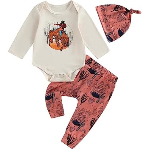 Western Newborn Baby Boys Cowboy Outfits Cow Print Letter Bodysuit+Long Leggings+Cap 3pcs Infant Boy Country Clothes (W Long Sleeve Brown, 3-6 Months)