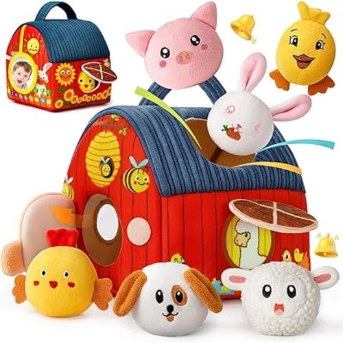 Baby Toys 6-12 Months Plush Barn with Stuffed Farm Animals Crinkle, Rattle & Mirror Montessori Toys Developmental Sensory Toys for 6 Month Old Boys Girls Babies & Toddlers