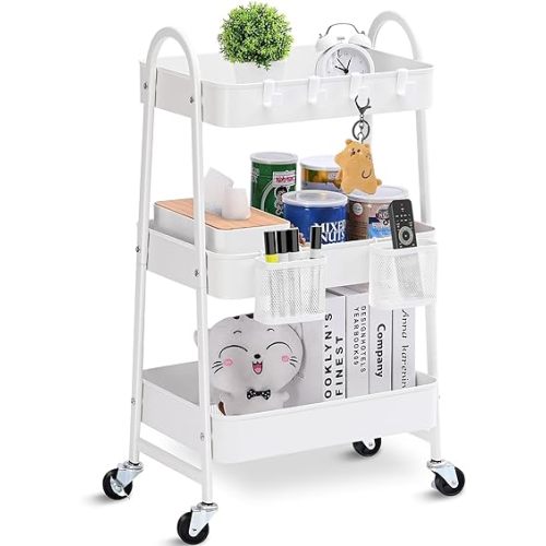 KINGRACK 3-Tier Rolling Cart, Metal Rolling Storage Cart with Handle and Lockable Wheels, 2 Hanging Baskets & 4 Hooks, Utility Cart for Kitchen, Bathroom, Office, White