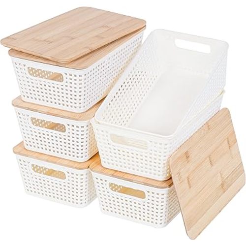 Small Storage Bins with Lids 6 Packs, Plastic Storage Basket with Bamboo Lid for Pantry Organization and Storage Containers for Shelves Drawers Desktop Closet Playroom Office Home, White