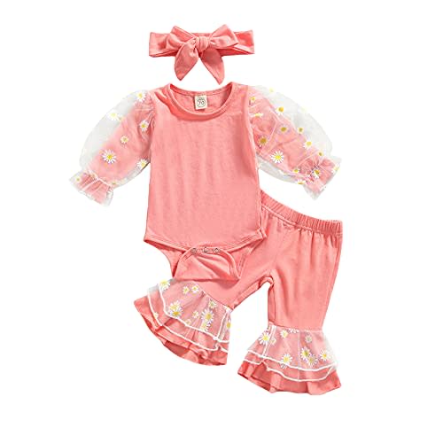 Wankitoi Newborn Baby Girl Fall Outfits Daisy Patchwork Lace Mesh Puff Sleeve Romper Flared Pants Headband Clothes Set (Pink , 6-12 Months )