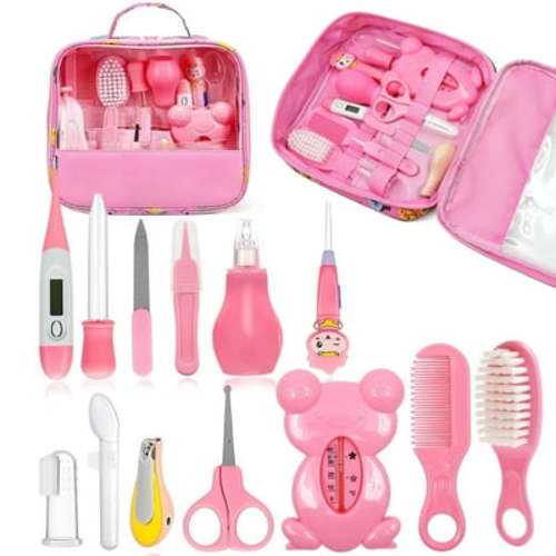 BUSATIA Baby Grooming Kit,13 in 1 Infant Safety Care Set with Hair Brush Comb Nail Clipper Nasal Aspirator,Baby Essentials Kit for Newborn Girls Boys-Pink Baby Grooming Kit