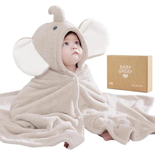 Hooded Baby Towels Super Absorbent Baby Bath Towel for Winter– Extra Large 49”x31” – Ultra Soft Coral Fleece for Newborns, Infants & Toddlers – Cute Elephant Design – Quick-Drying