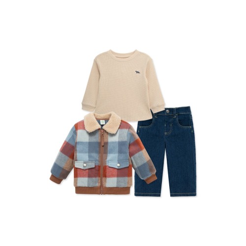 3-Piece Plaid Bomber Jacket, Shirt & Jeans Set