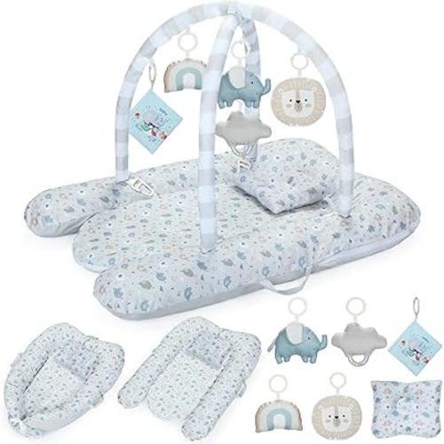 7-in-1 Baby Play Mat & Activity Gym, Baby Gym - 0-12 Months Multi-Use Play Center with 5 Hanging Sensory Toys, Tummy Time Pillow for Early Development, Elephant