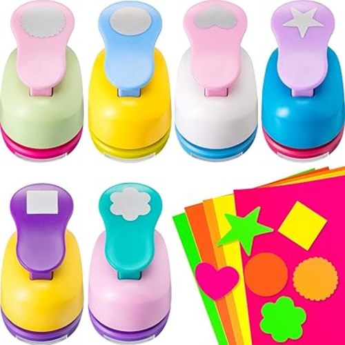 CHENGU 16 Pcs Craft Holes Punch Paper Punchers Scrapbook Punches with Craft Sticker Paper, Round, Star, Square, Heart, Flower, Wave Circle Shape(1 Inch,Multiple Styles)