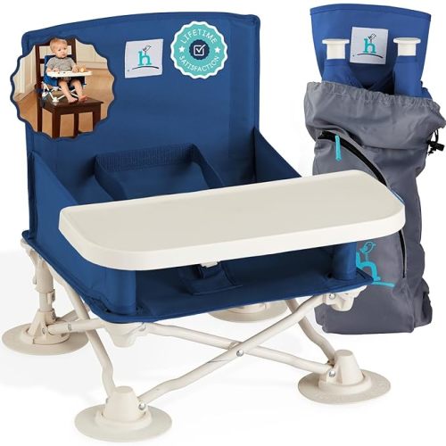 Hiccapop OmniBoost Travel Booster Seat with Tray for Baby | Folding Portable Baby Booster Seat for Dining Table, Camping, Beach, Grandma’s | Tip-Free Design Straps to Kitchen Chairs - Booster Chair