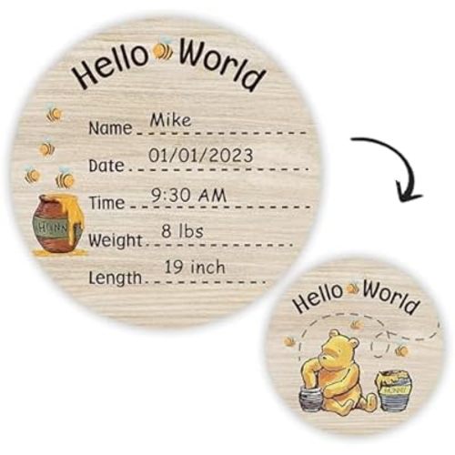 Baby Bear Newborn Birth Announcement Sign, Hello World Name Sign 6inch Double Sided