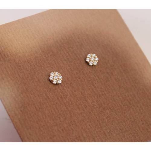 14k Solid Yellow Gold Cubic Zirconia Round Flower Baby Girls Children Screwback Earrings