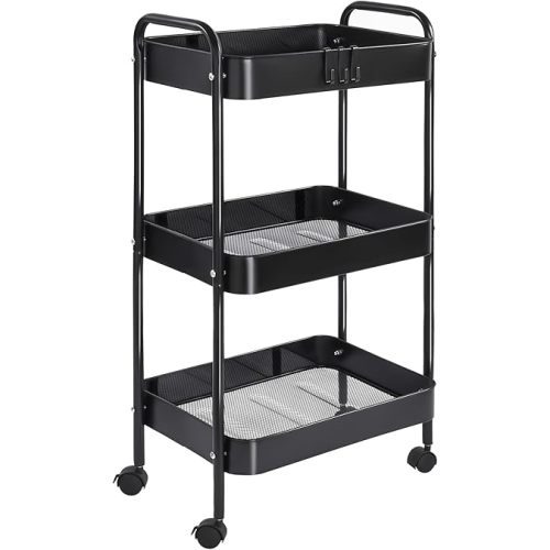 Vtopmart 3 Tier Metal Rolling Cart with Wheels, Utility Storage Cart with Handle and Lockable Casters, Storage Basket Organizer Shelves, Easy Assemble for Kitchen, Living Room, Office, Nursery, Black