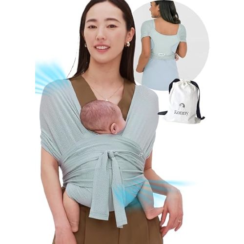 Konny New and Improved Baby Carrier Flex AirMesh Premium Material - Adjustable Summer, Easy to Wear, Baby Wrap Carrier, Perfect for Newborn Babies Essentials up to 44 lbs (XS-XL)- Mint Grey